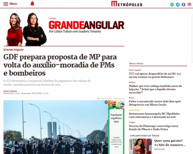 Metrópoles: GDF prepara proposta de MP para volta do auxílio-moradia de PMs e bombeiros