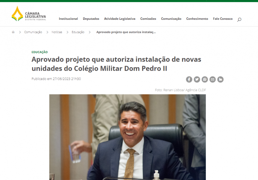 Agência CLDF: Aprovado projeto que autoriza instalação de novas unidades do Colégio Militar Dom Pedro II. A proposta é de autoria do deputado Roosevelt Vilela (PL)