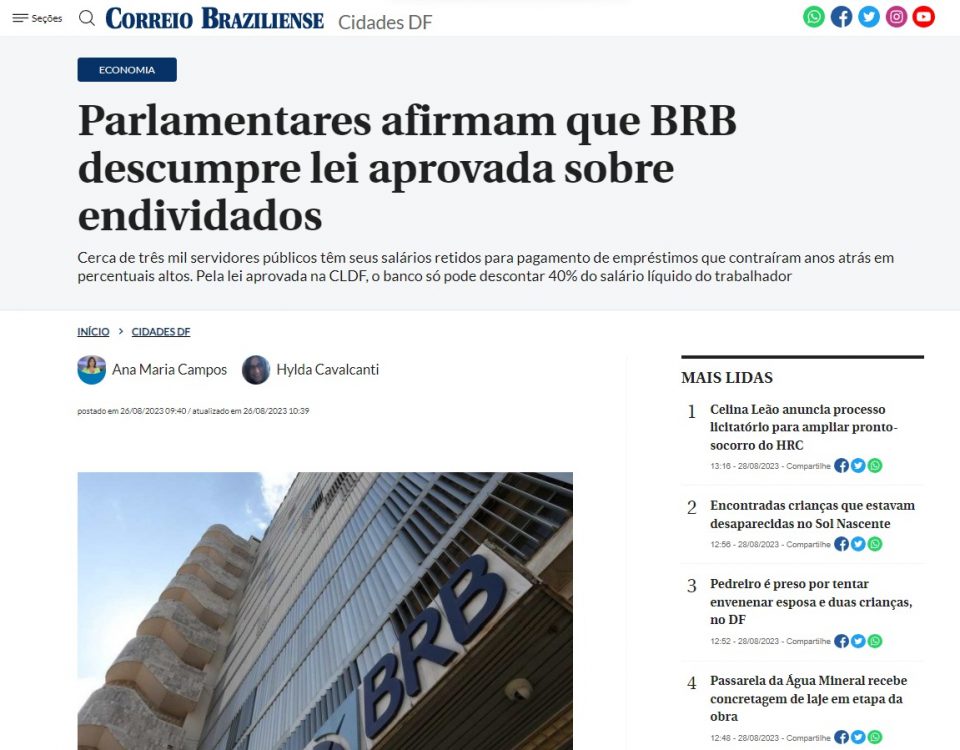 Correio Braziliense: Parlamentares afirmam que BRB descumpre lei aprovada sobre endividados